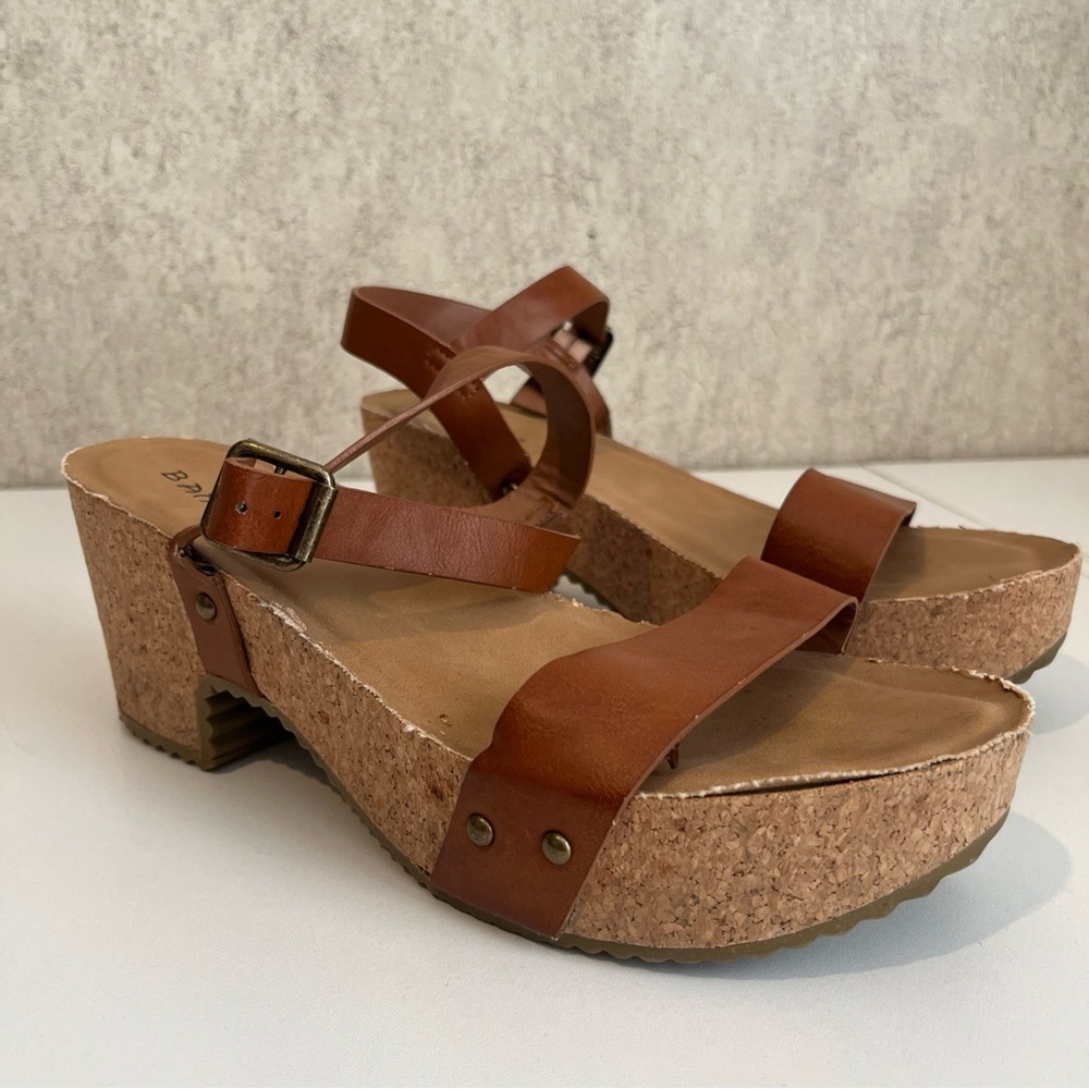Women’s Sandals Brown Strappy Bamboo Cork Wedge Leather Strap Womens Size 10